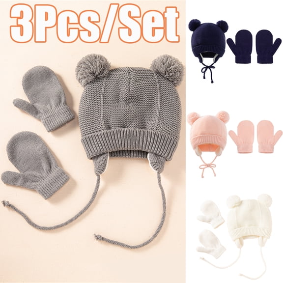 Cheers.US 1 Set Baby Knitted Winter Hat and Gloves Set, Toddler Knit Beanie Fleece Lined Snow Hat Earflap Ski Cap Warm Hat Gloves Two Plush Balls Ropes Boys Girls