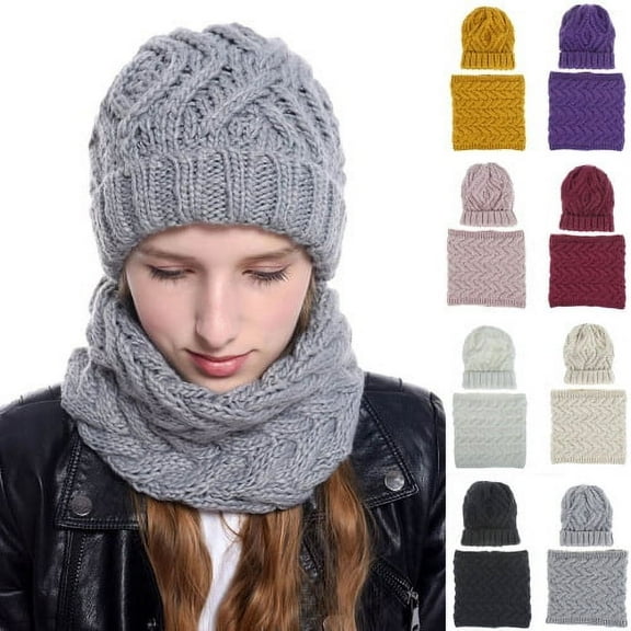 Cheers.US 1 Set Mens Womens Winter Beanie Hats Scarf Set Warm Knit Hat Thick Fiber Cap Neck Warmer for Men Women
