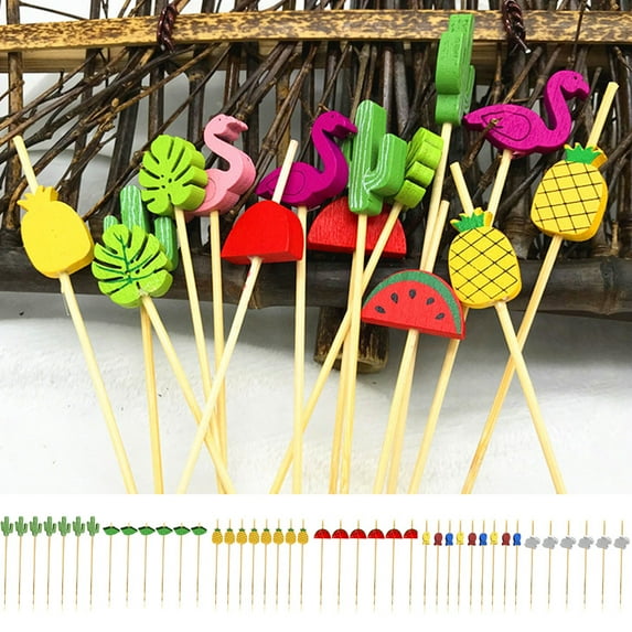 Cheers.US 100Pcs/Bag Cocktail Pick Food Appetizer Toothpick, Hawaiian Luau Assorted Tropical Cocktail Toothpick Handmade Bamboo Toothpicks for Luau Holiday Party Supplies-4.72inx0.39inx0.12in