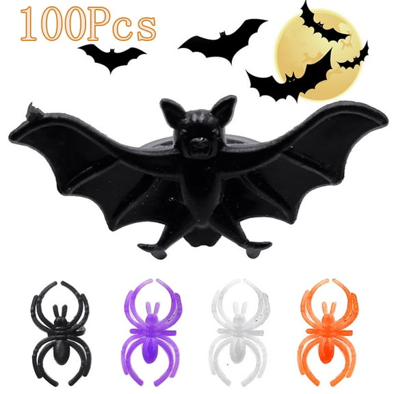 Cheers.US 100Pcs Spider/Bat Rings Plastic Cupcake Topper Halloween Party Favors