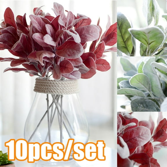 Cheers US 10Pcs Artificial Flocked Lambs Ear Leaves Dusty Stems Flocked Oak Leaves Lamb's Ear Leaf Artificial Flowers Flocked Rabbit Ear Leaf for Home Wedding DIY Floral Arrangement