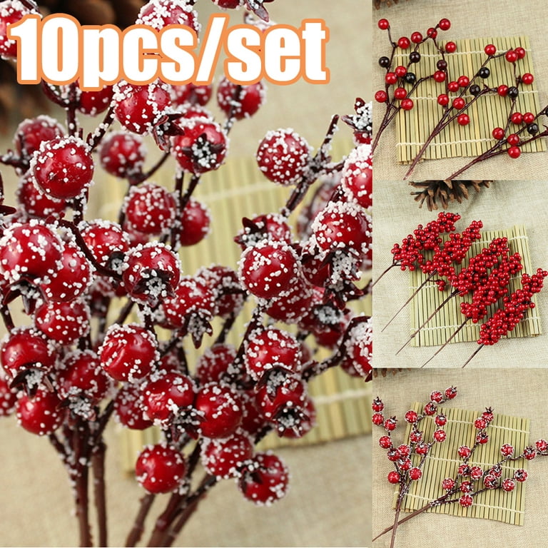 10 Pcs Christmas Berries Branch Artificial Red Holly Berry Stems