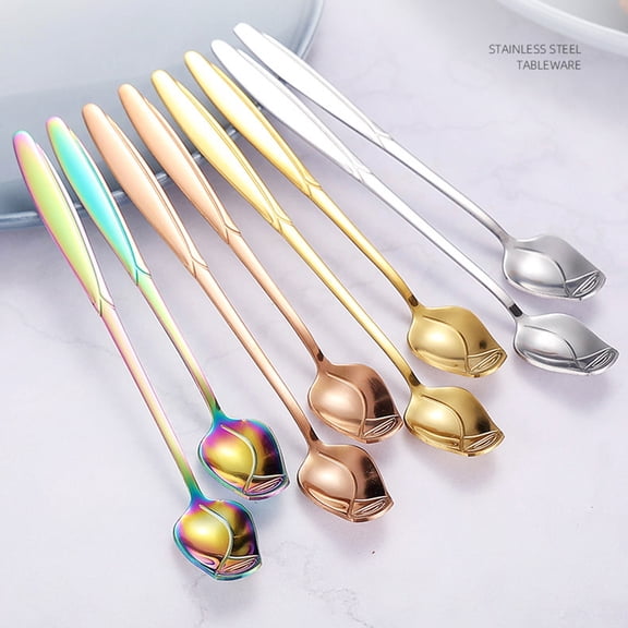 Cheers.US 1pc Long Handle Rose Flower Spoon Coffee Teaspoon Stainless Steel Tableware Creative Sugar Spoon Tea Spoon Stir Bar Spoon Stirring Spoon