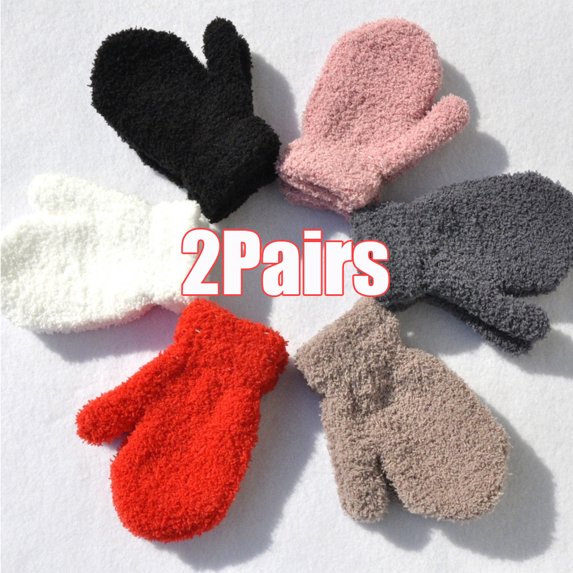 Cheers.US 2 Pairs Children Kids Baby Boys Girls Full Finger Mittens Autumn Winter Warm Mittens Solid Color Full Finger Plush Gloves