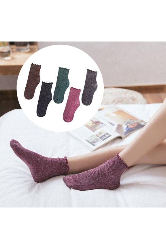 2 Pairs Women Lady Girls Fashion Solid Color Glitter Ribbed Breathable Cotton Middle Tube Socks