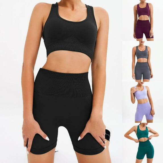 Cheers.US 2 Pcs Workout Set Workout Sets for Women Seamless Ribbed Crop Tank High Waist Shorts Yoga Outfits