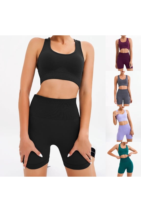 2 Pcs Workout Set Workout Sets for Women Seamless Ribbed Crop Tank High Waist Shorts Yoga Outfits