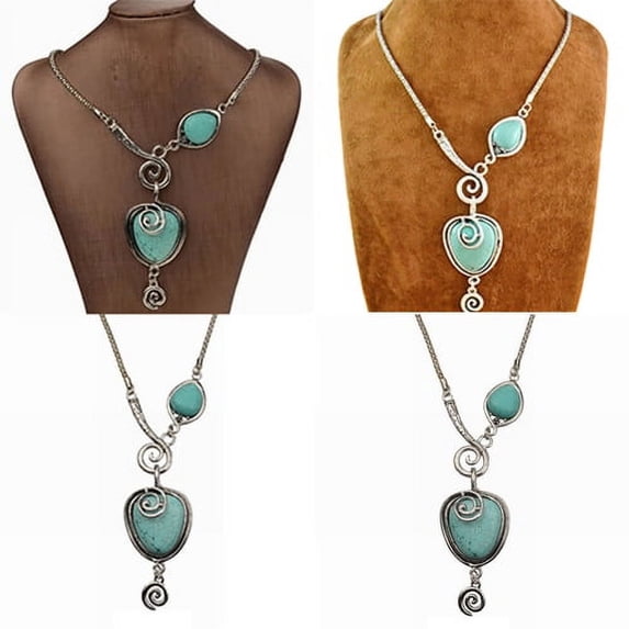 Cheers.US 2Pcs Women Charm Heart Bib Collar Pendant Turquoise Fashion Necklace Jewelry
