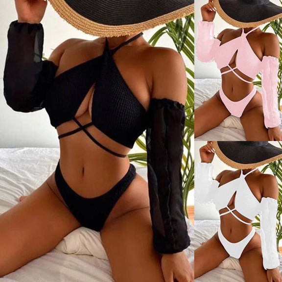 Cheers.US 3 Pcs/Set Women Swimsuit Sunscreen Arm Cover Halter Neck Strap Quick Dry Summer Swimwear Set for Beach