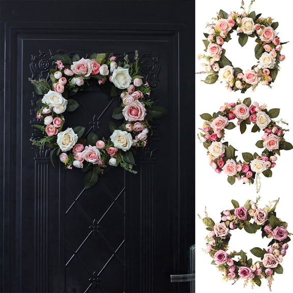 Cheers.US 35cm Spring Summer Flower Wreath for Front Door Artificial Pink Rose Champagne Floral Wreath Welcome Hello Wreath Silk Garland with Ribbon for Window Wall Wedding Party Office Home Decor