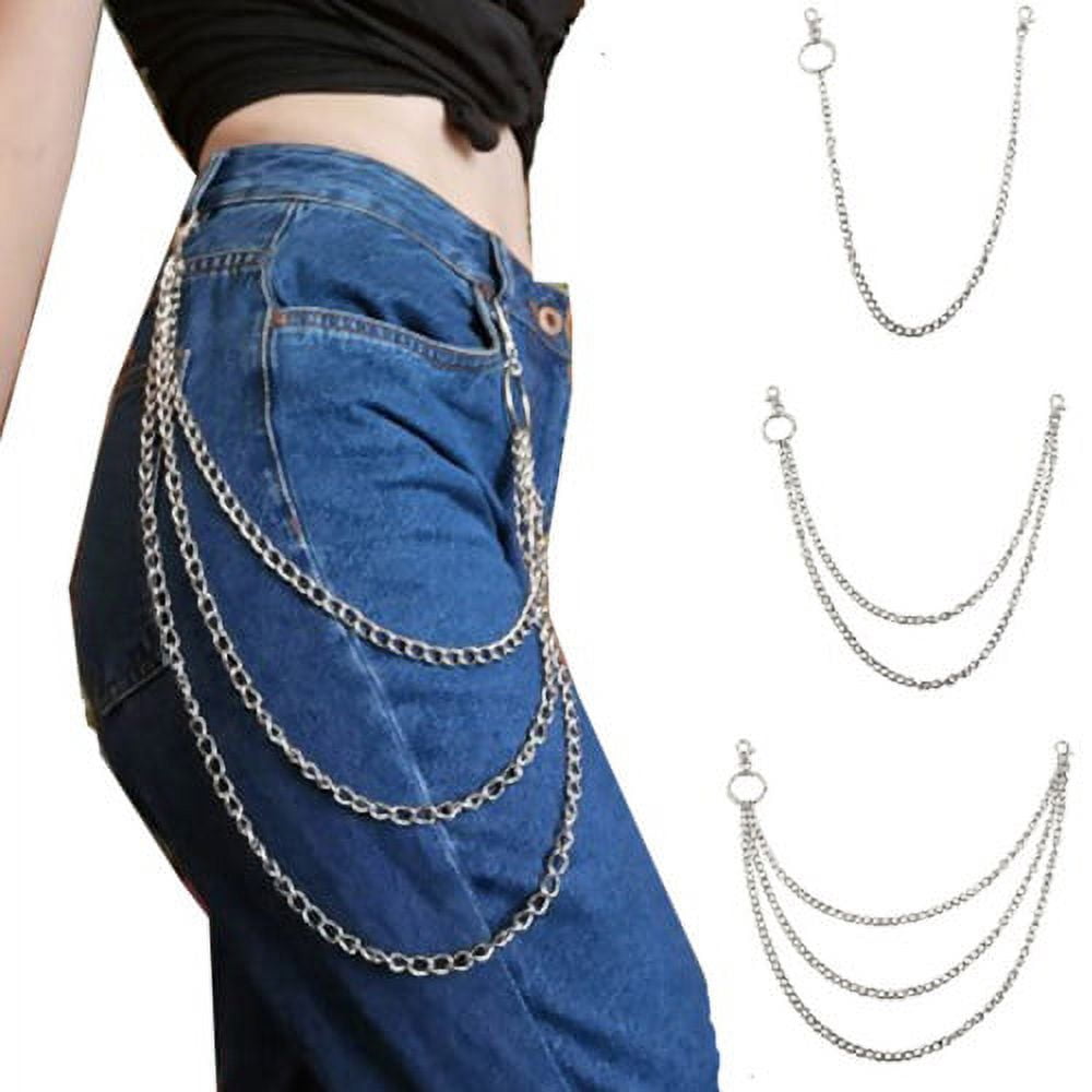 Cheers.US 4Pcs Multi-layer Anti-Lost Unisex Pants Trousers Chain Wallet  Chain Jeans Pant Chain Silver 