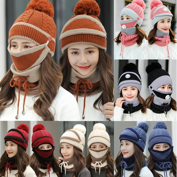 Cheers.US 3Pcs/Set Beanie Pompom Neck Warmer Scarf Set Women Winter Hat Outdoor Riding Buttons Pompom Knitted Hat Face Cover Neck Scarf Set
