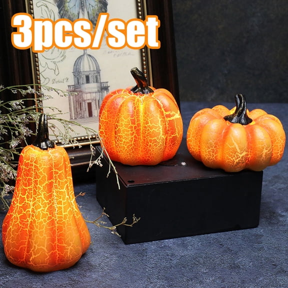 Cheers.US 3Pcs/Set LED Fall Decor Cracked Pumpkin Statues, Resin Pumpkin Figurines Pumpkins Decorations Tables Centerpieces Decor for Thanksgiving Autumn Harvest Tabletop Home Decorations