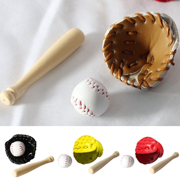 Cheers.US 3Pcs/Set Simulation Baseball Set Toys Model Props Wood Miniature Baseball Glove Set Scene simulation Toy For Kids