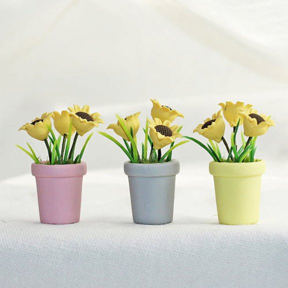 Cheers.US 3pcs Miniature Scene Model Simple Exquisite Sunflower Mini Potted Ornament for Children(Grey,Pink,Yellow)