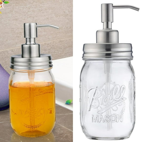Cheers.US 480ml Mason Jar Soap Dispenser Lids with Pumps, Rustproof Stainless Steel Lotion Soap Dispenser Lids Replacement Regular Mouth Mason Jar Decor, Brushes Included Silver