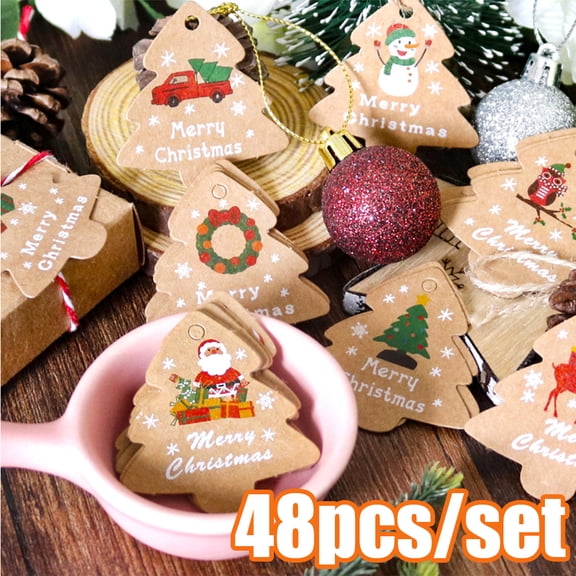 Cheers.US 48Pcs/Set Christmas Tree Pendant Wooden Christmas Tree Shape Slices for Christmas Tree Hanging Ornaments, Christmas Wooden Crafts Hanging Ornaments, DIY Crafts