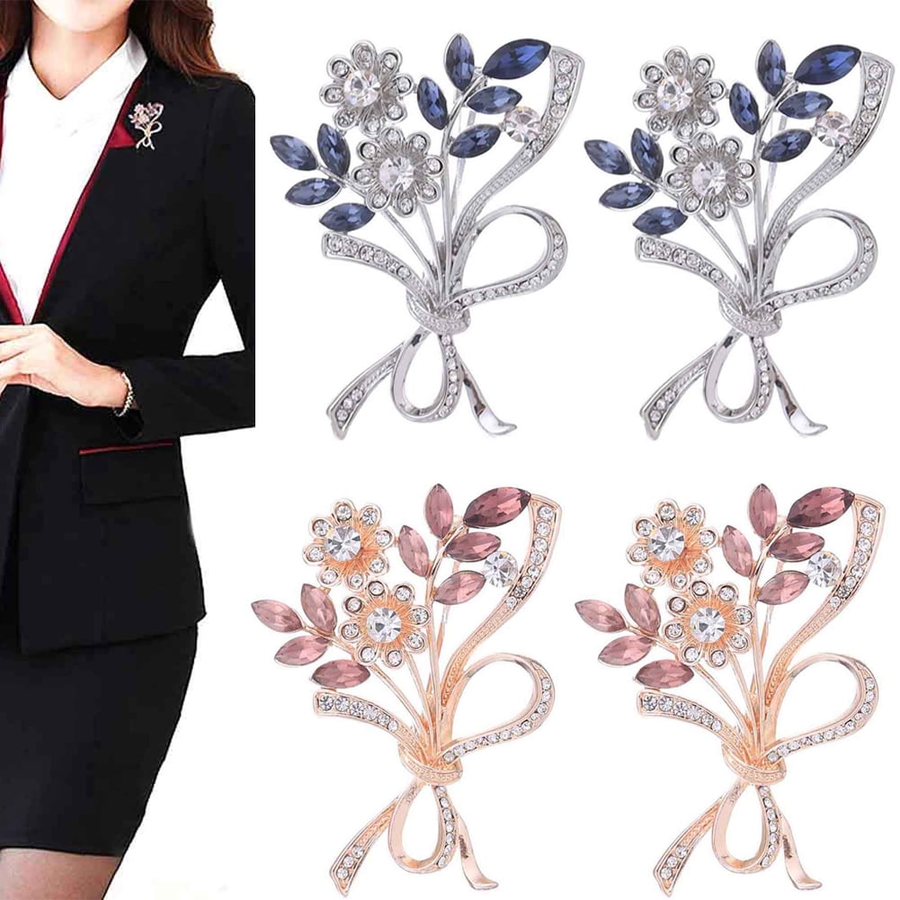 Vintage Large Crystal Flower Leaf Brooch Pin For Women - Gold Tone Austrian Rhinestone Cluster