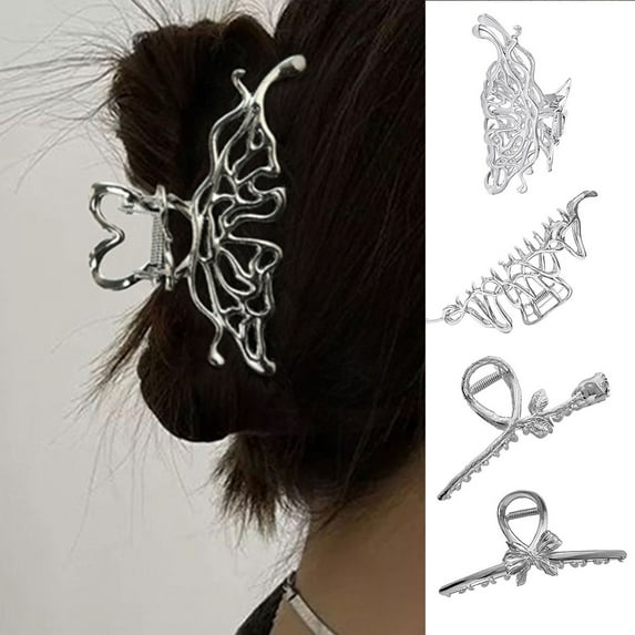 Cheers US 4Packs Large Metal Hair Claw Clips - Personality Nonslip Silver Hair Clamps ,Perfect Jaw Hair Clamps For Women And Thinner-Thick Hair Styling
