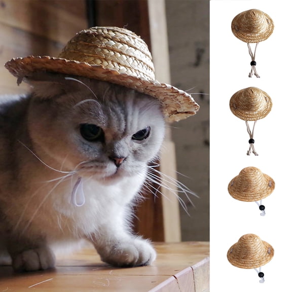 Cheers.US 4Pcs Adjustable Chihuahua Straw Hat, Fashion Dog Sombrero Hat Cap, Mexican Party Hawaii Garden Sun Bucket Cap for Puppy Cat