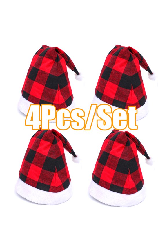 4Pcs Buffalo Plaid Santa Hats, Red and Black Plaid Christmas Hat with Luxury Plush Cuff for Christmas Costume Party and Holiday Event