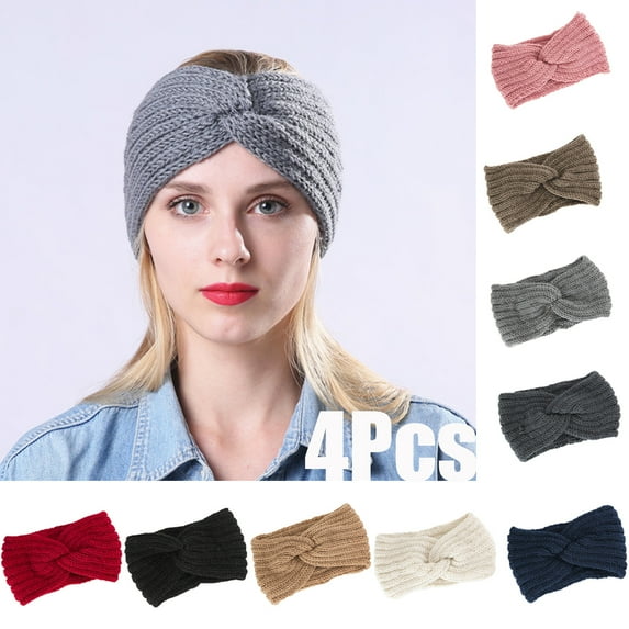 Cheers.US 4Pcs Cross Headbands Vintage Elastic Head Wrap Stretchy Hairband Twisted Cute Hair Accessories Autumn Winter Women Knitted Headband Warm Stretch Sport Hair Band Headwear