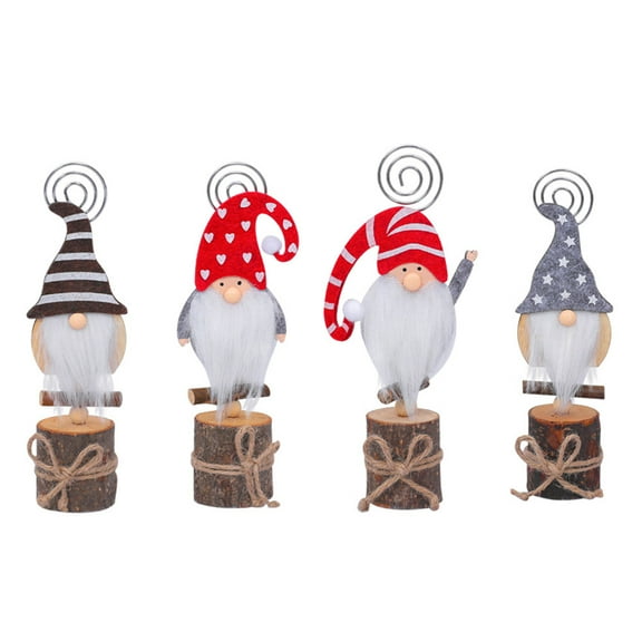 Cheers.US 4Pcs Place Card Holders Christmas Wood Gnome Table Number Stands Wood Name Photo Clip Holder for Xmas Party Decoration