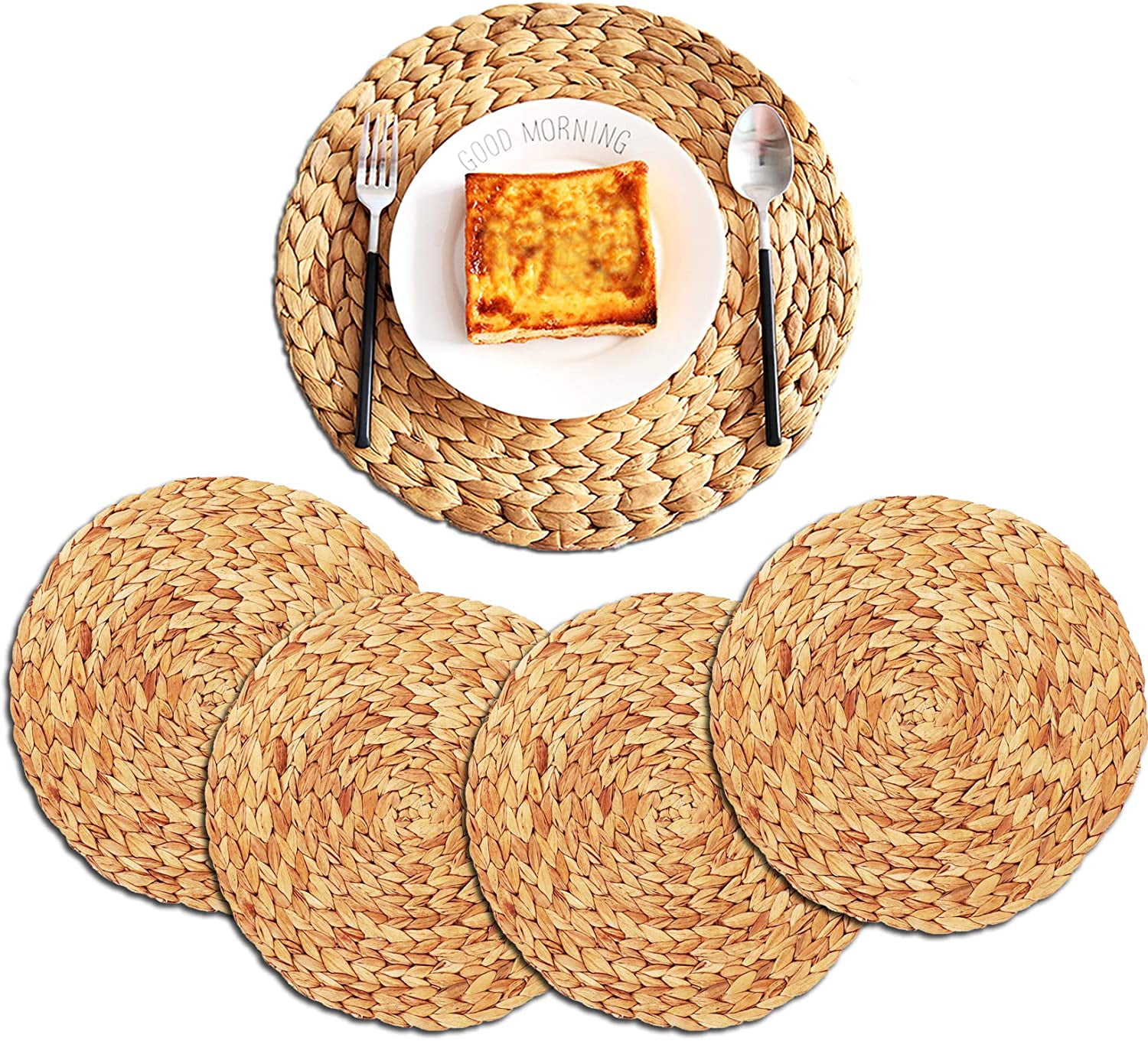 Cheers.US 4Pcs Round Woven Placemats for Dining Table, Corn Water Grass