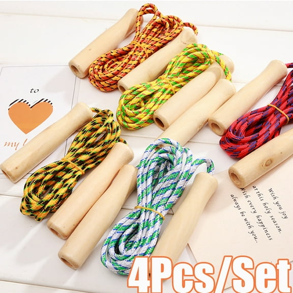 Cheers.US 4Pcs/Set Jump Rope for Kids Student Wooden Handle Adjustable Cotton Braided Fitness Skipping Rope Outdoor Fun Activity, Great Party Favor, Exercise Activity Colorful Sports Fitness Tool