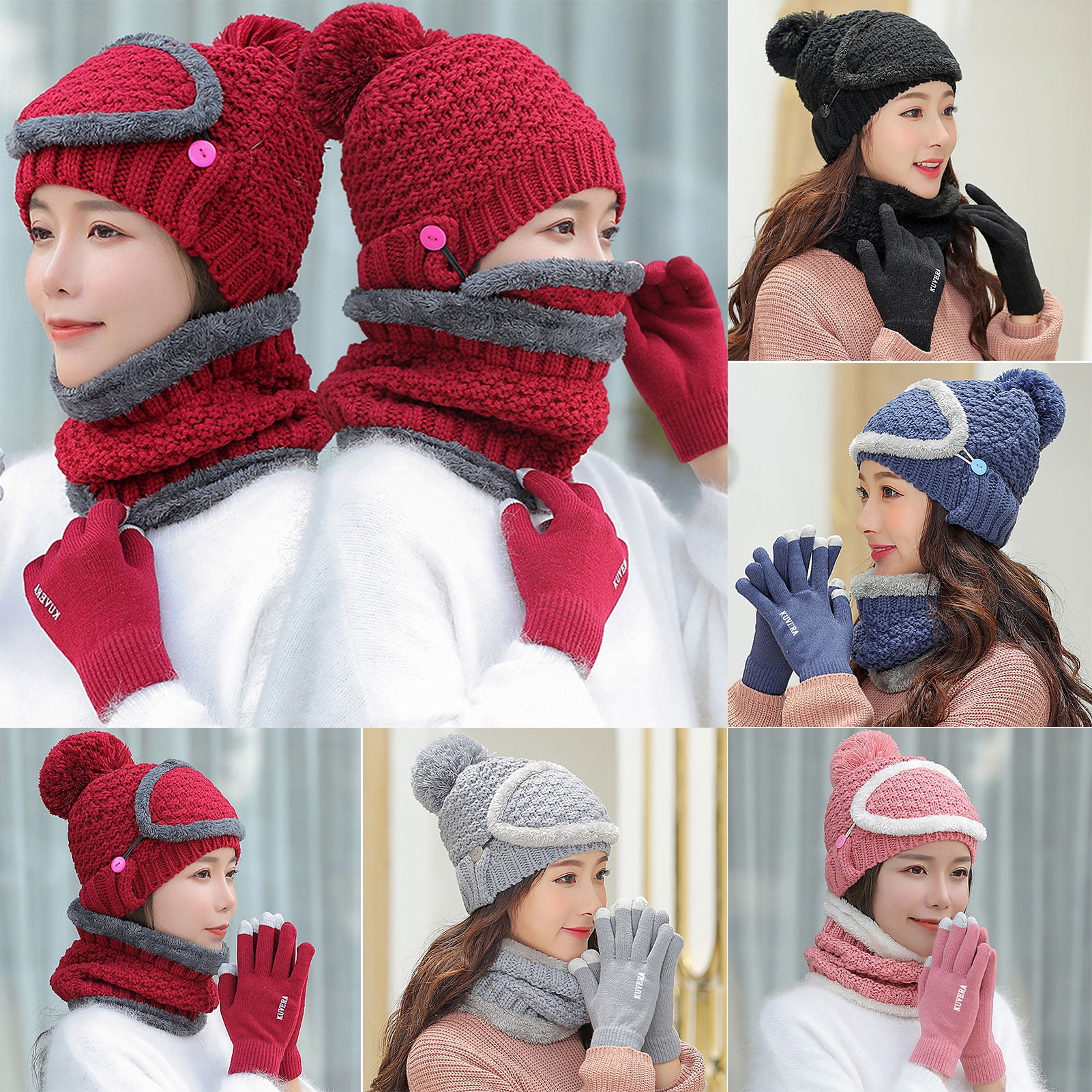 Fleece Lined Winter Set Slouchy Beanie Scarf Touchscreen Gloves Headband 2Sets Womens Satin Lined Beanie Hat Gloves Set Knit Slouchy  main image 2