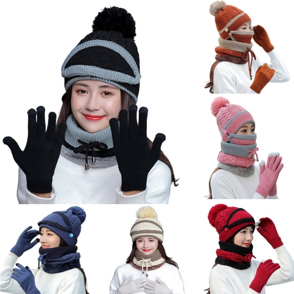 Cheers.US 4Pcs/Set Winter Knitted Beanie Hat Face Neck Warmer Set for Women Girls Fleece Lining Ski Caps with Pompom