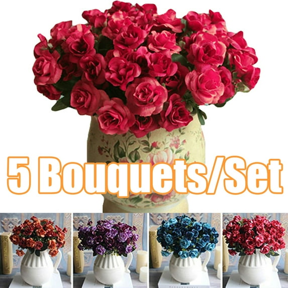 Cheers.US 5 Bouquets 15 Heads Artificial Rose Flowers Bouquet Silk Flowers Rose for Home Bridal Wedding Party Festival Decor