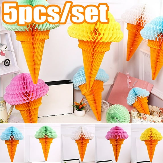 Cheers.US 5 Pcs/Set Tissue Ice Cream Honeycomb Ball Tissue Paper Sundae Table Centerpiece Ice Cream Party Decorations for Themed Ice Cream Sundae Theme Party Supplies