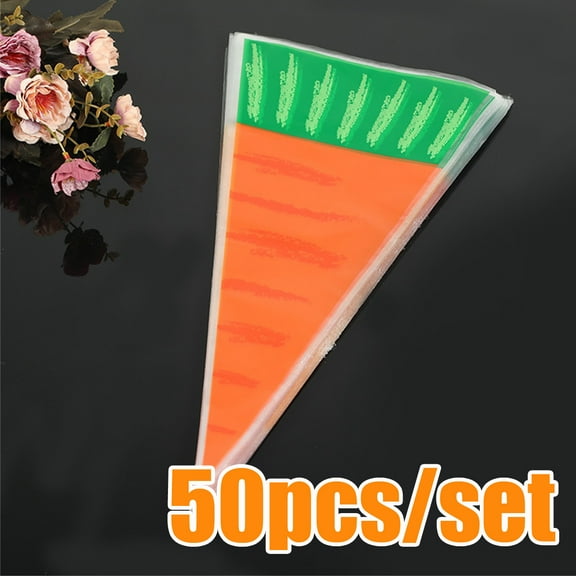 Cheers US 50Pcs/Set Easter Carrot Transparent Cone Cello Bags Carrot Shaped Green Top Goody Bags Plastic Treat Bags Triangle Bags for Kids Party Bean Cookies Popcorn Christmas Chocolates