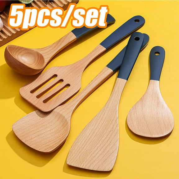 Cheers US 5Pcs /Set Bamboo Kitchen Cooking Utensil Set, Wooden Spoons for Cooking & Wooden Spatula with Holder And Spoon Rest Cookware Bamboo Utensils Set, Wood Spoons, Wood Utensils Set for Cooking