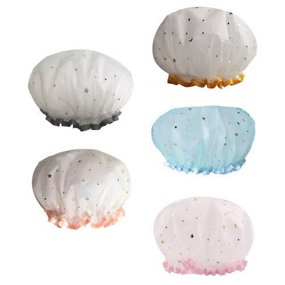Cheers.US 5Pcs Shower Cap for Long Hair, Waterproof Washable Hair Caps for Women and Girls, Super Cute and Extra Large