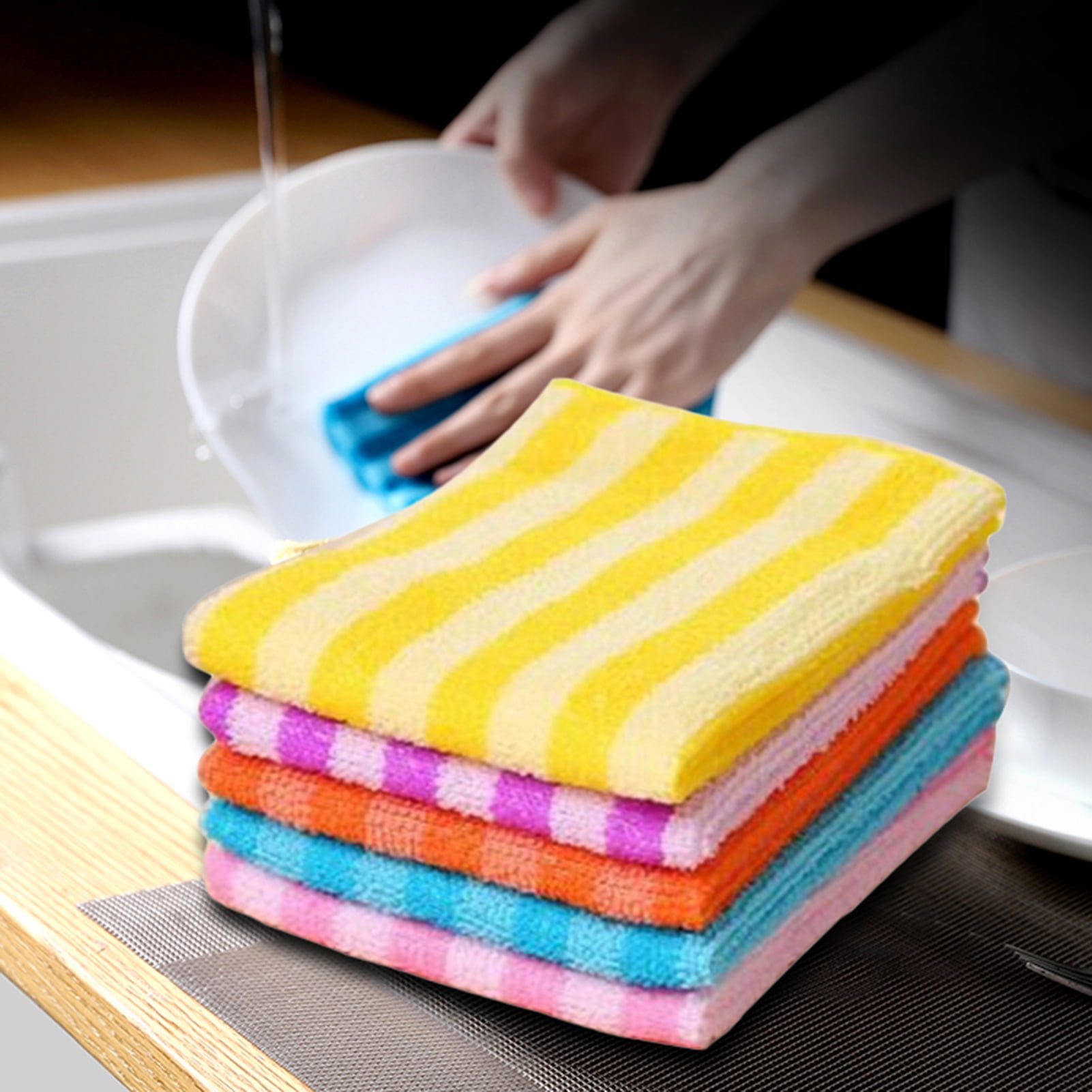5pcs Towel Cleaning Microfiber Rag Rainbow Thickened Absorbent Dishwashing  Cloth