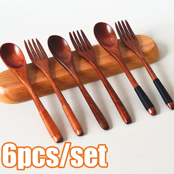 Cheers.US 6Pcs/Set Handmade Japanese Style Long Handle Wooden Soup Spoons and Forks with Tied Line on Handle for Travel, Picnic, Camping or Just for Daily Use