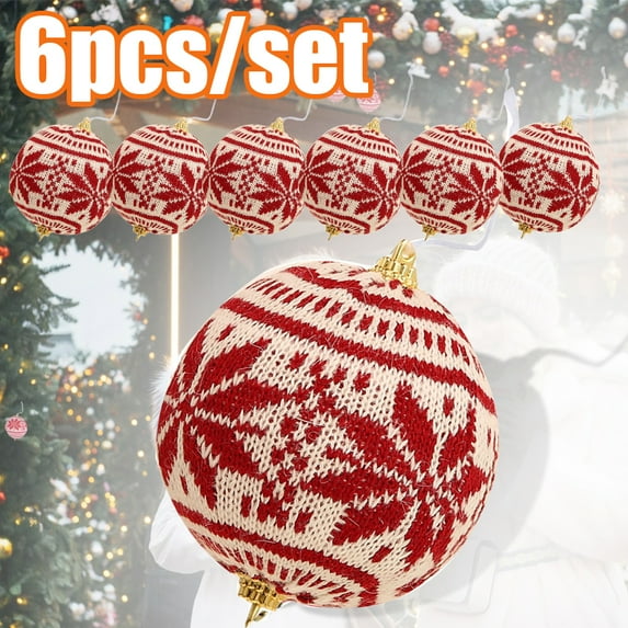 Cheers.US 6Pcs/Set Nordic Knit Red Ball Shape Christmas Ornament, Snowflake Pattern Knit Christmas Ball Miniature Christmas Tree Hanging Ornaments Xmas Tree Decoration