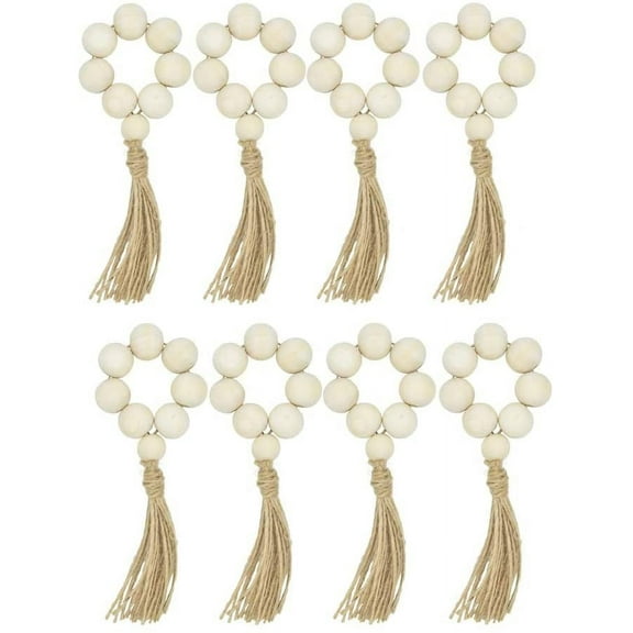 Cheers.US 8Pcs Farmhouse Beaded Wood Napkin Rings with Tassels Housewarming Gift Table Setting Wedding Party Decor Accessories Napkin Holder
