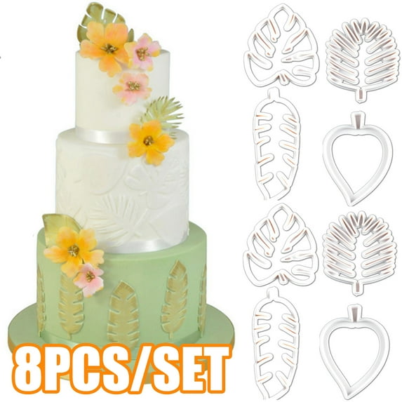 Cheers.US 8Pcs/Set Tropical Leaf Cutters Hawaiian Flower Cutters Plastic Palm Cookie Cutters Flower Leaves Fondant Cutter Palm Cake Embossing Mold for Biscuit Cake Decoration Summer Beach Party
