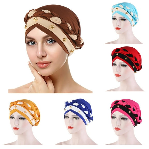 Cheers.US African Women Turban Cap Beaded Headscarf Beanie Twisted Braid Wrap Hat Faux Pearl Headwrap