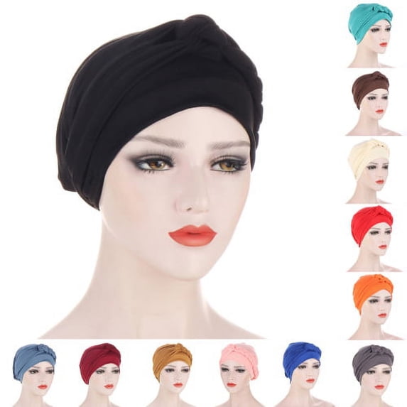 Cheers.US African Women Turban Cap Beaded Headscarf Beanie Twisted Braid Wrap Hat Headwrap Head Scarf Solid Color Braid Headdress Brimless Pure Color Cap