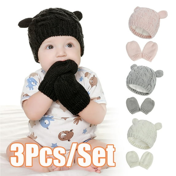 Cheers.US Baby Hat Glove Set Soft Newborn Mittens Girl Boys Knitted Toddler Cap Infant Winter Beanie Mitten Set Solid Color Knitted Head Warmer Cap with Gloves