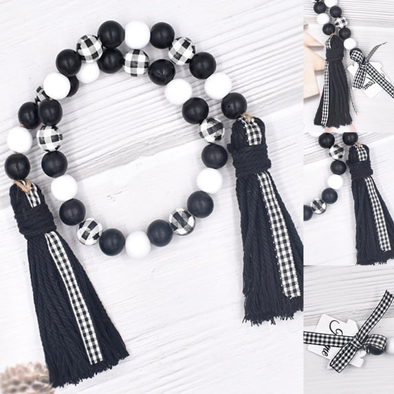 Cheers.US Black&White Plaid Wood Bead Garland with Tassel Rustic Farmhouse Tiered Tray Decorations Country Rustic Wall Hanging Decor Natural Wood Bead Decoration for Home Festival