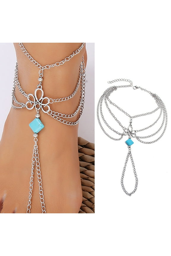 Bohemian Layered Anklet with Toe Ring Silver Turquoise Barefoot Sandals Summer Beach Wedding Foot Accessories Boho Toe Link Ankle Bracelet