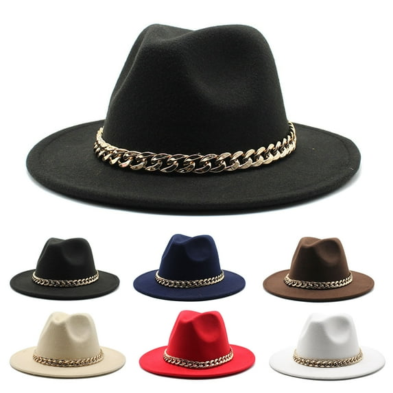 Cheers.US Classic Hat Big Chain Wide Brim Autumn Winter Sun Protection All Match Felt Cap Jazz Hat for Daily Wear
