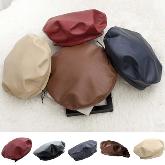 Cheers.US Classic Leather French Beret Hat for Women Adjustable Solid Color Artist Painter Cap Fashion Faux Leather Beanie Cap Warm Flat Hat