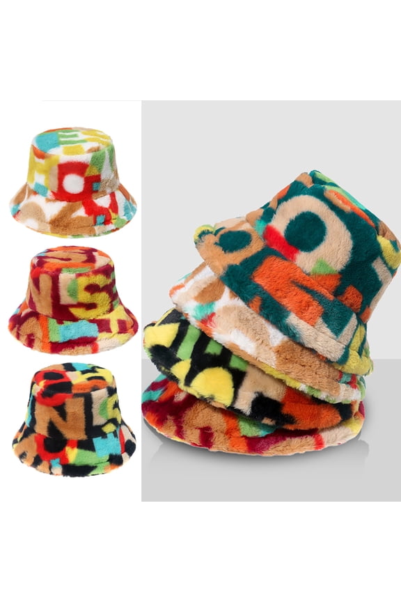 Colorful Letter Print Faux Fur Bucket Hat Warm Fuzzy Fluffy Winter Warmer Fisherman Cap Skin-friendly Unisex Warm Cap for Outdoor