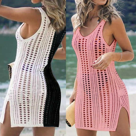 Cheers US Crochet Cover Ups for Women Hollow Out Sleeveless Bikini Swimsuit Swimwear Side Split Long Beach Dresses